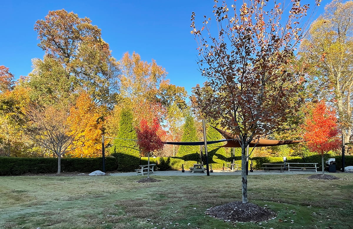 outdoor break area at Nordfab on a beautiful autumn day