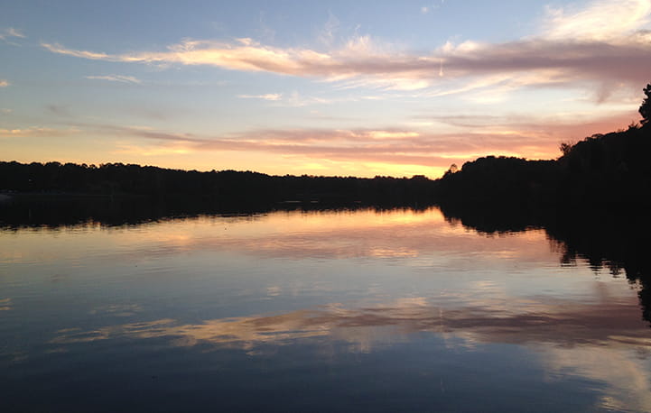 sunset at Oak Hollow Lake in High Point, North Carolina