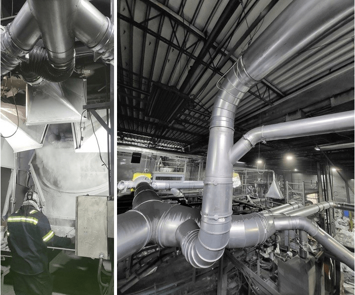 Nordfab Quick-Fit ductwork capturing carbon black dust